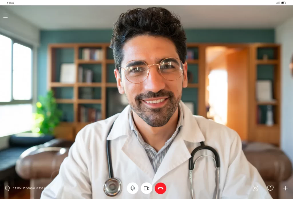 smiling adult man on video call utc